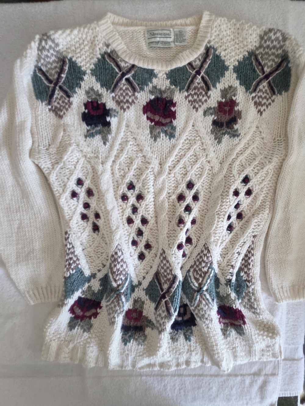 VTG Shenanigans Hand Knit Sweater Large Floral Cable Diamond Granny Cottagecore